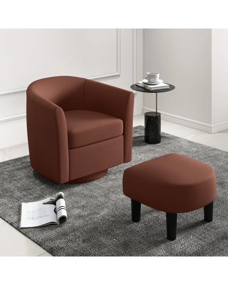 Modern Club Swivel Accent Chair with Ottoman Footrest Curved Backrest-Brown - Brown - Accent Chairs