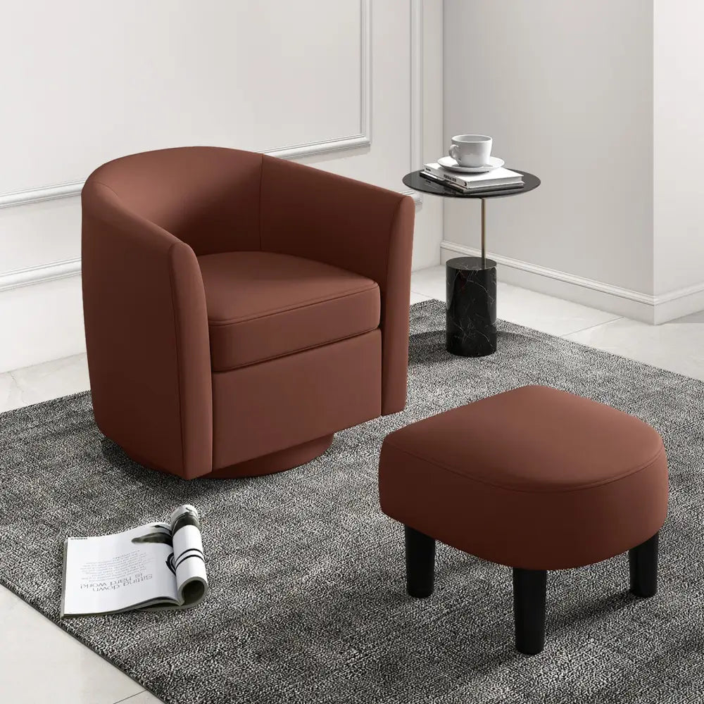 Modern Club Swivel Accent Chair with Ottoman Footrest Curved Backrest-Brown - Brown - Accent Chairs