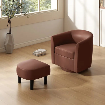 Modern Club Swivel Accent Chair with Ottoman Footrest Curved Backrest-Brown - Brown - Accent Chairs