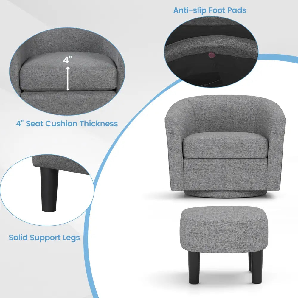 Modern Club Swivel Accent Chair with Ottoman Footrest Curved Backrest-Grey - Gray - Accent Chairs