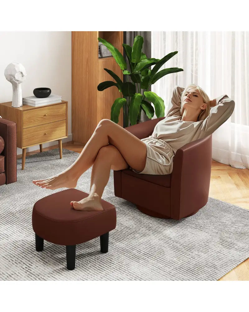 Modern Club Swivel Accent Chair with Ottoman Footrest Curved Backrest-Brown - Brown - Accent Chairs
