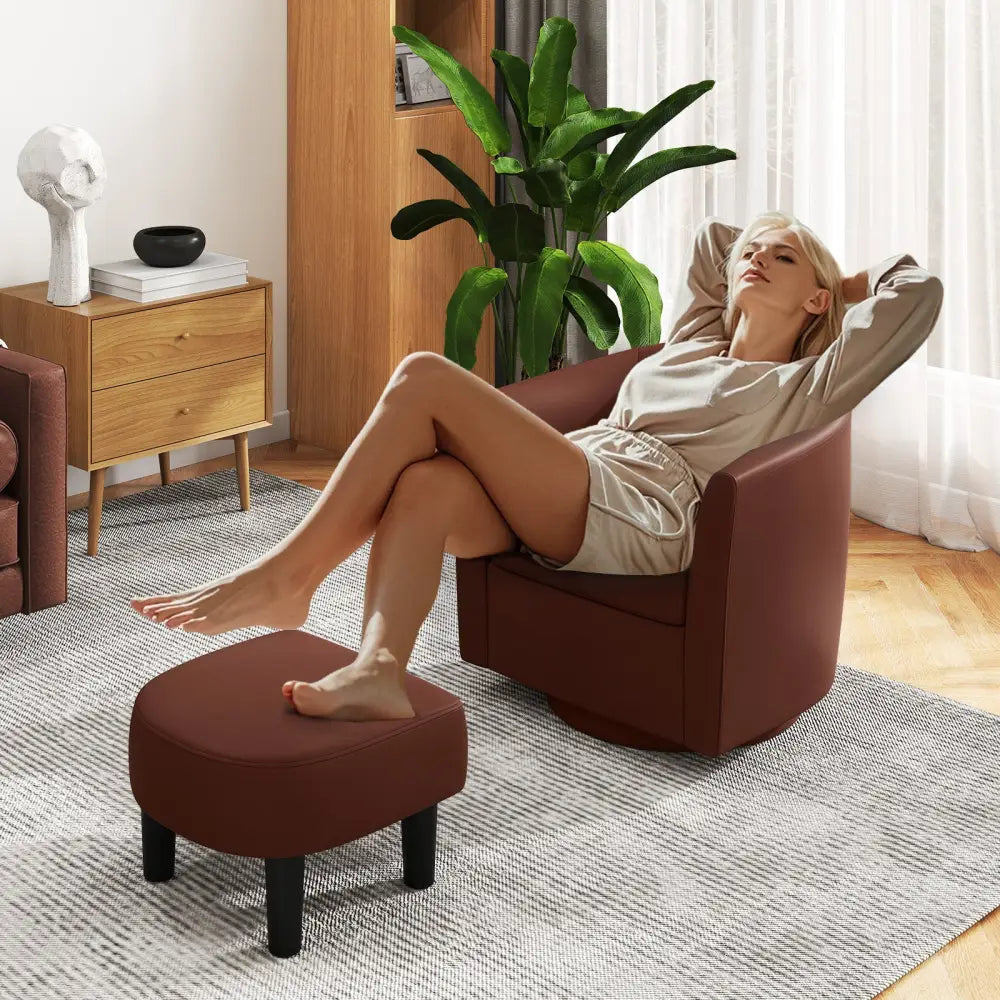 Modern Club Swivel Accent Chair with Ottoman Footrest Curved Backrest-Brown - Brown - Accent Chairs