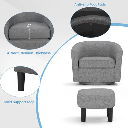 Modern Club Swivel Accent Chair with Ottoman Footrest Curved Backrest-Grey - Gray - Accent Chairs