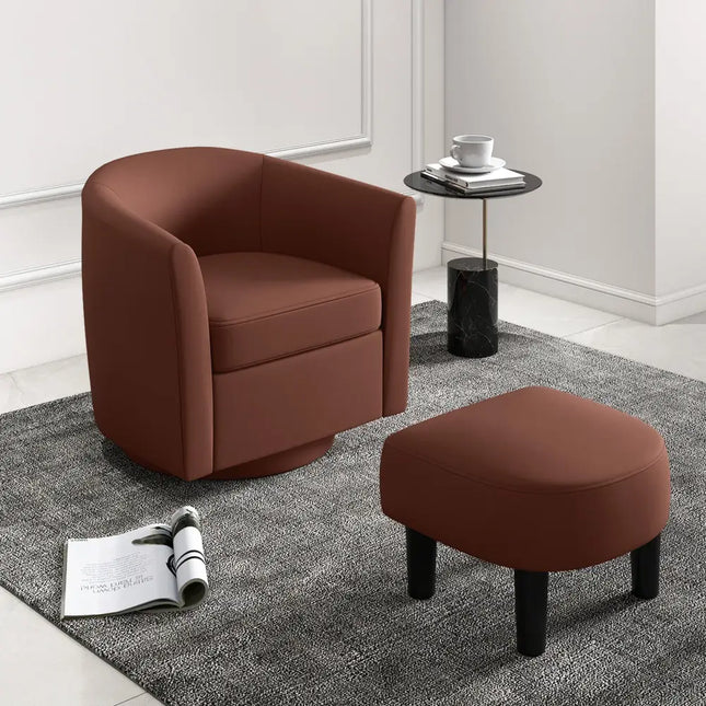 Modern Club Swivel Accent Chair with Ottoman Footrest Curved Backrest-Brown - Brown - Accent Chairs