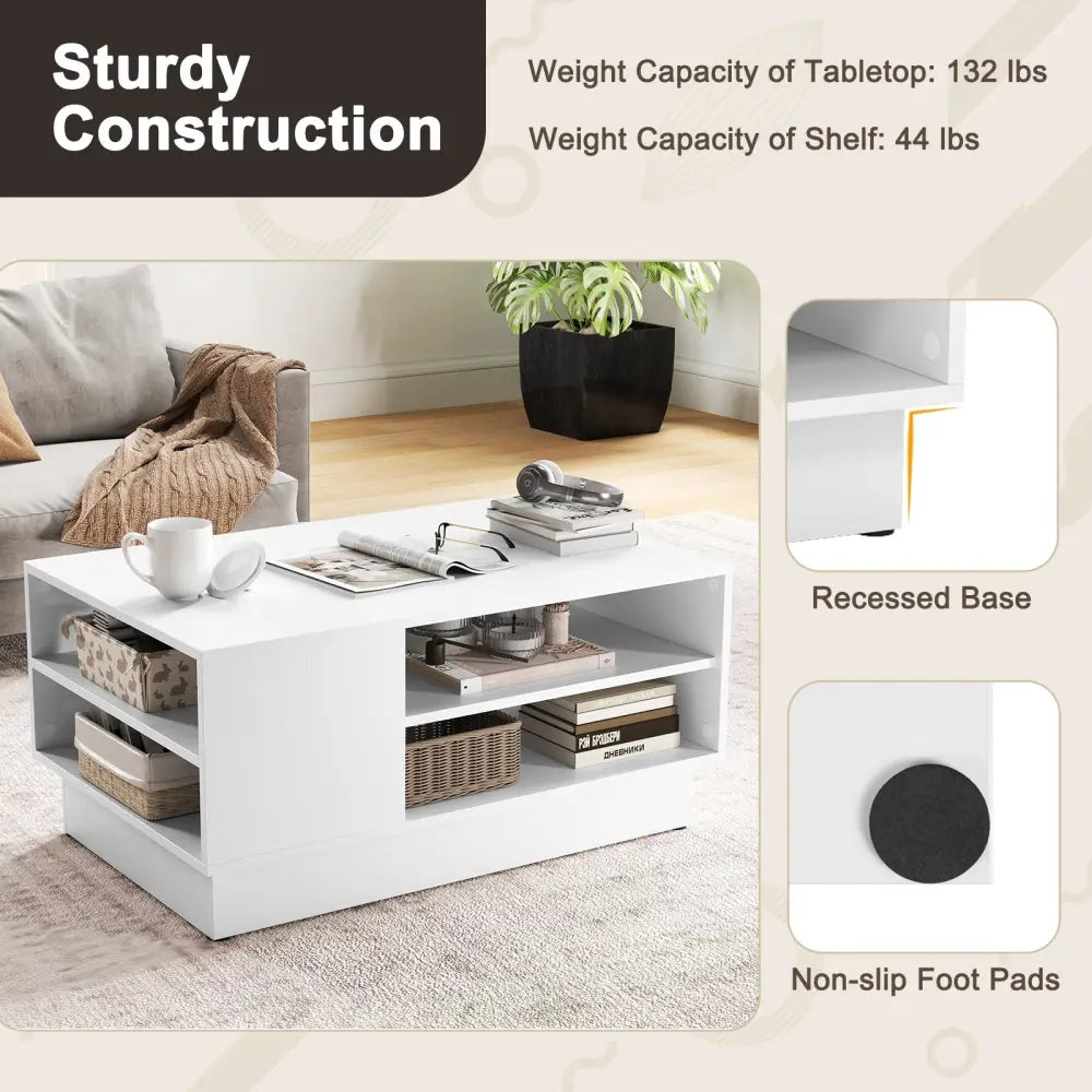 Modern Coffee Table with 2-Tier Open Storage Shelves-White - White - Coffee Tables