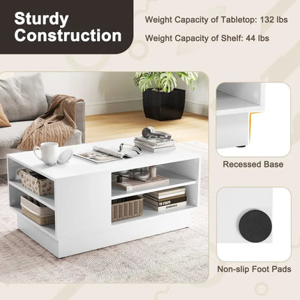 Modern Coffee Table with 2-Tier Open Storage Shelves-White - White - Coffee Tables