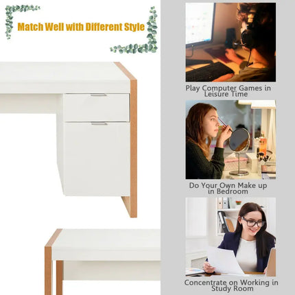 Modern Computer Desk Study Table Writing Workstation with Cabinet and Drawer-White - White - Writing Desks