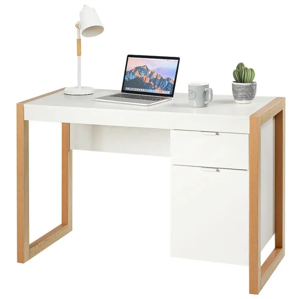 Modern Computer Desk Study Table Writing Workstation with Cabinet and Drawer-White - White - Writing Desks