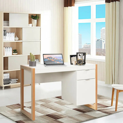 Modern Computer Desk Study Table Writing Workstation with Cabinet and Drawer-White - White - Writing Desks