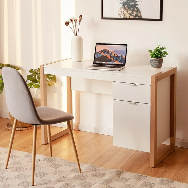 Modern Computer Desk Study Table Writing Workstation with Cabinet and Drawer-White - White - Writing Desks