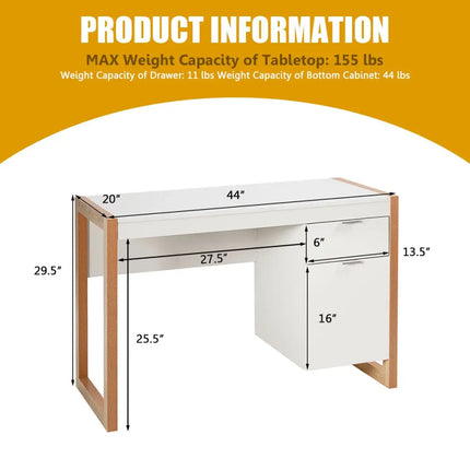 Modern Computer Desk Study Table Writing Workstation with Cabinet and Drawer-White - White - Writing Desks