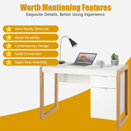 Modern Computer Desk Study Table Writing Workstation with Cabinet and Drawer-White - White - Writing Desks
