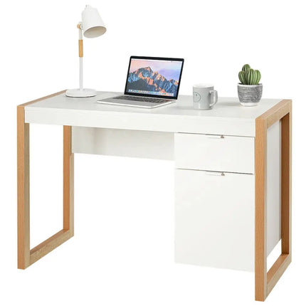Modern Computer Desk Study Table Writing Workstation with Cabinet and Drawer-White - White - Writing Desks