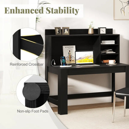 Modern Computer Desk with Hutch and Storage Shelves-Black - Black - Computer Desks
