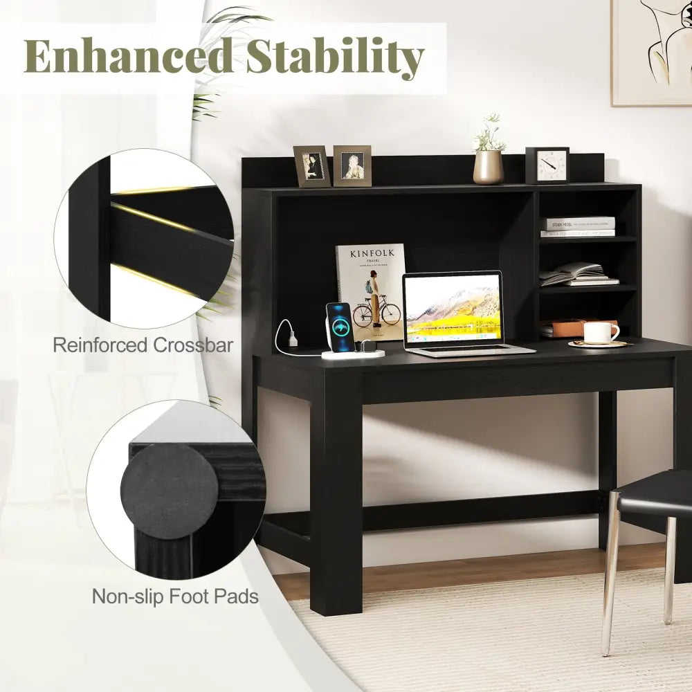 Modern Computer Desk with Hutch and Storage Shelves-Black - Black - Computer Desks