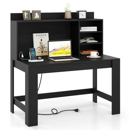 Modern Computer Desk with Hutch and Storage Shelves-Black - Black - Computer Desks