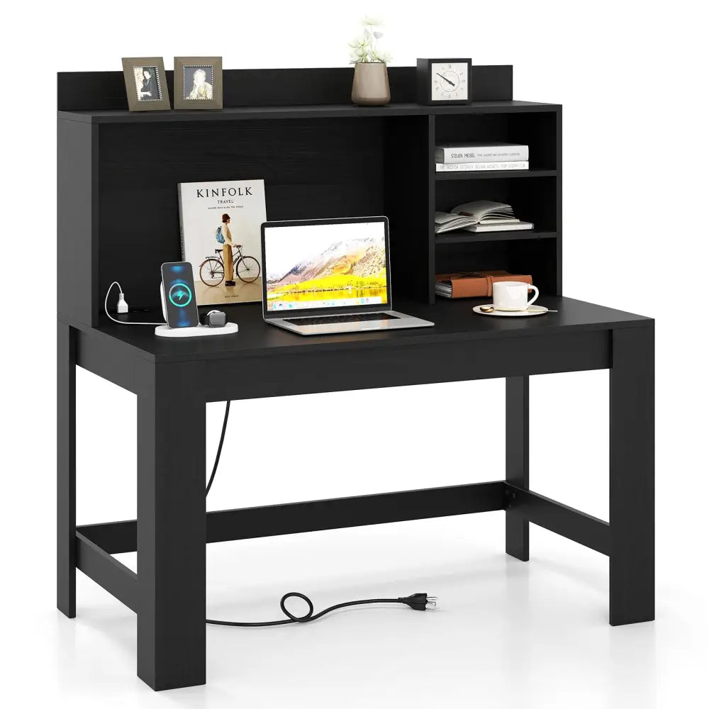 Modern Computer Desk with Hutch and Storage Shelves-Black - Black - Computer Desks