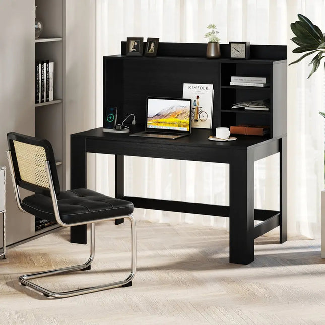 Modern Computer Desk with Hutch and Storage Shelves-Black - Black - Computer Desks