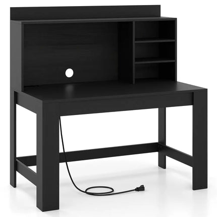 Modern Computer Desk with Hutch and Storage Shelves-Black - Black - Computer Desks