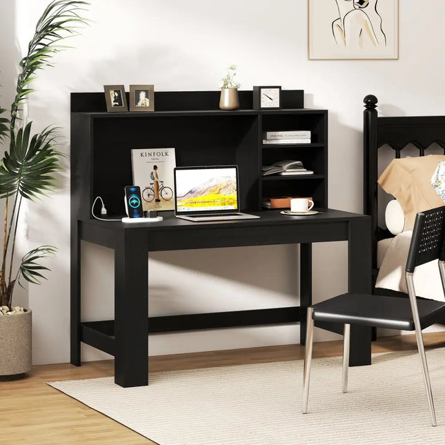 Modern Computer Desk with Hutch and Storage Shelves-Black - Black - Computer Desks