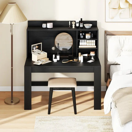 Modern Computer Desk with Hutch and Storage Shelves-Black - Black - Computer Desks