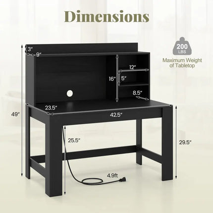 Modern Computer Desk with Hutch and Storage Shelves-Black - Black - Computer Desks