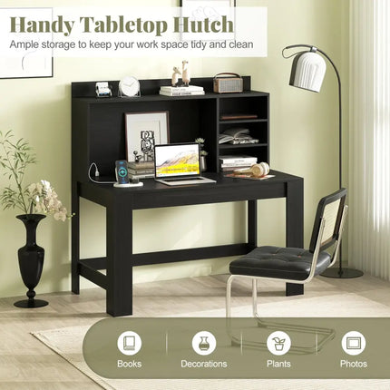 Modern Computer Desk with Hutch and Storage Shelves-Black - Black - Computer Desks