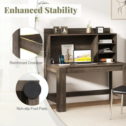 Modern Computer Desk with Hutch and Storage Shelves-Oak - Oak - Computer Desks