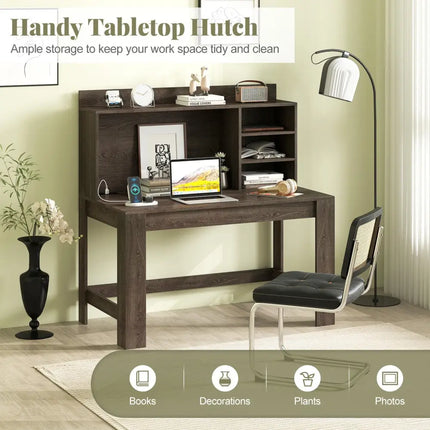 Modern Computer Desk with Hutch and Storage Shelves-Oak - Oak - Computer Desks