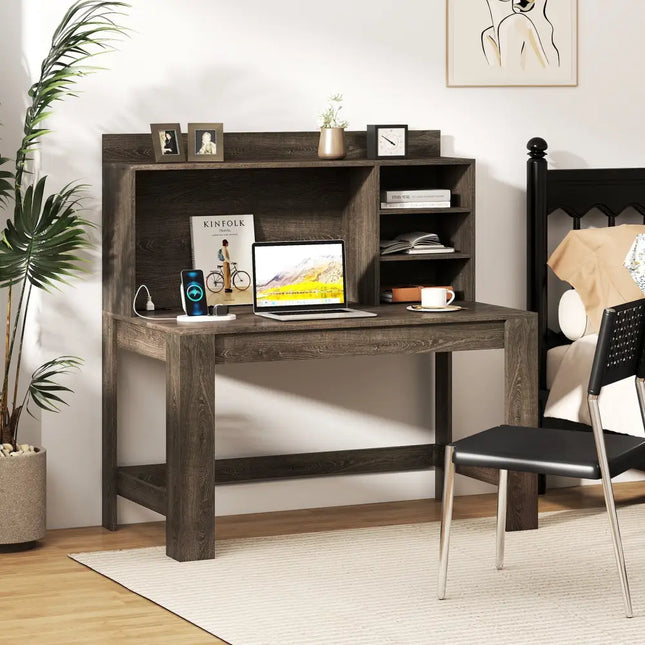 Modern Computer Desk with Hutch and Storage Shelves-Oak - Oak - Computer Desks