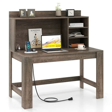 Modern Computer Desk with Hutch and Storage Shelves-Oak - Oak - Computer Desks