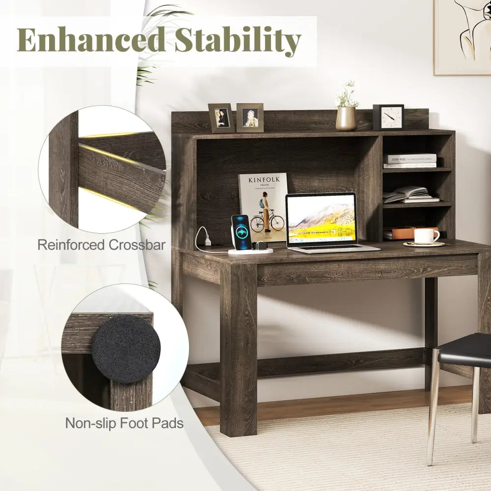 Modern Computer Desk with Hutch and Storage Shelves-Oak - Oak - Computer Desks