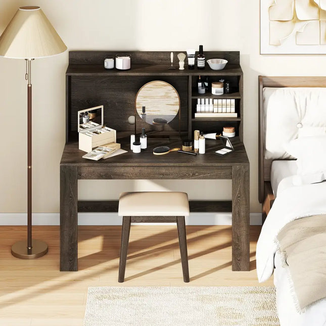 Modern Computer Desk with Hutch and Storage Shelves-Oak - Oak - Computer Desks