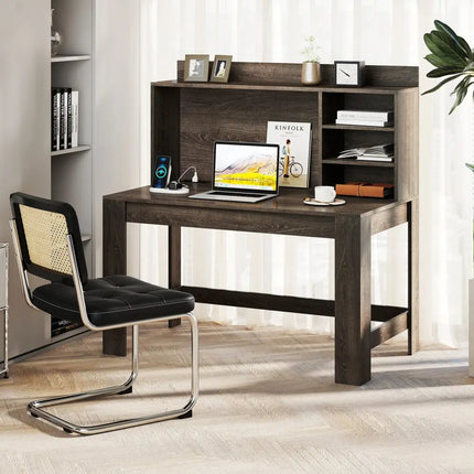 Modern Computer Desk with Hutch and Storage Shelves-Oak - Oak - Computer Desks