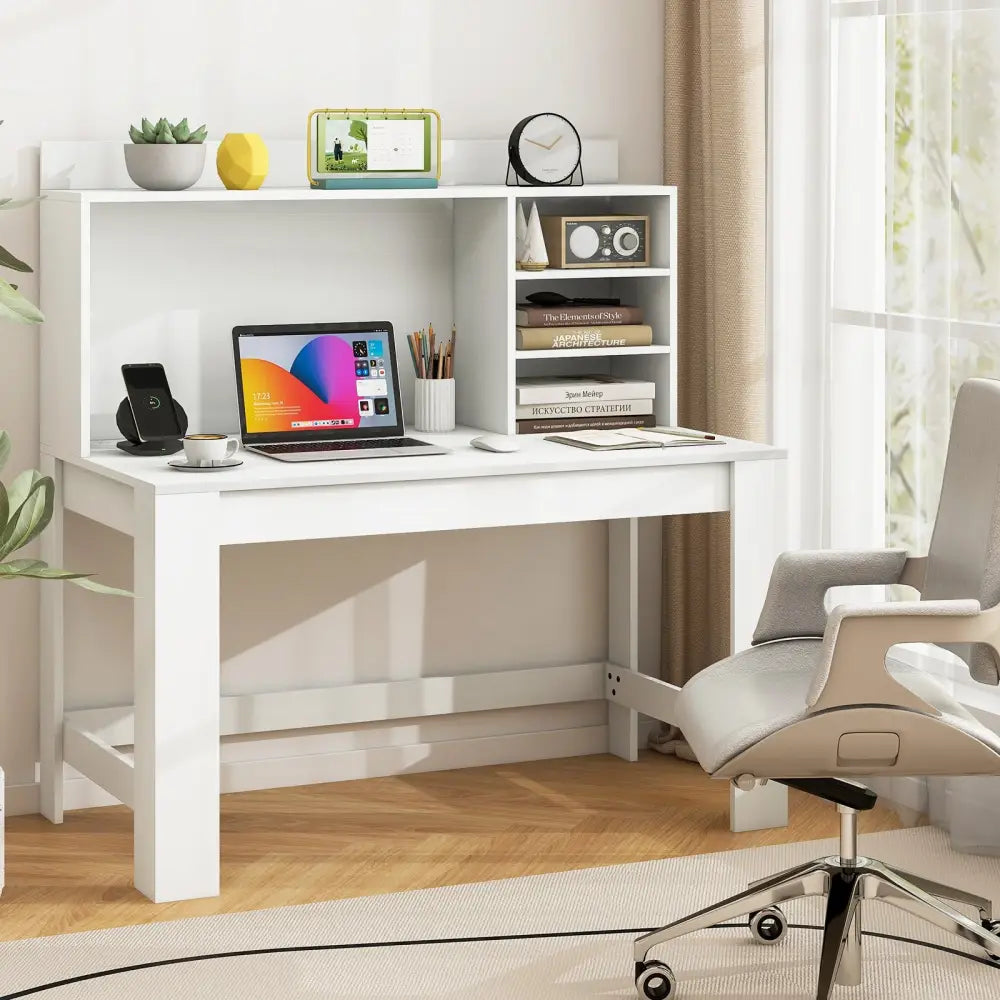 Modern Computer Desk with Hutch and Storage Shelves-White - White - Computer Desks