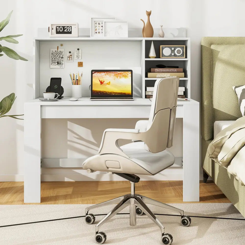 Modern Computer Desk with Hutch and Storage Shelves-White - White - Computer Desks