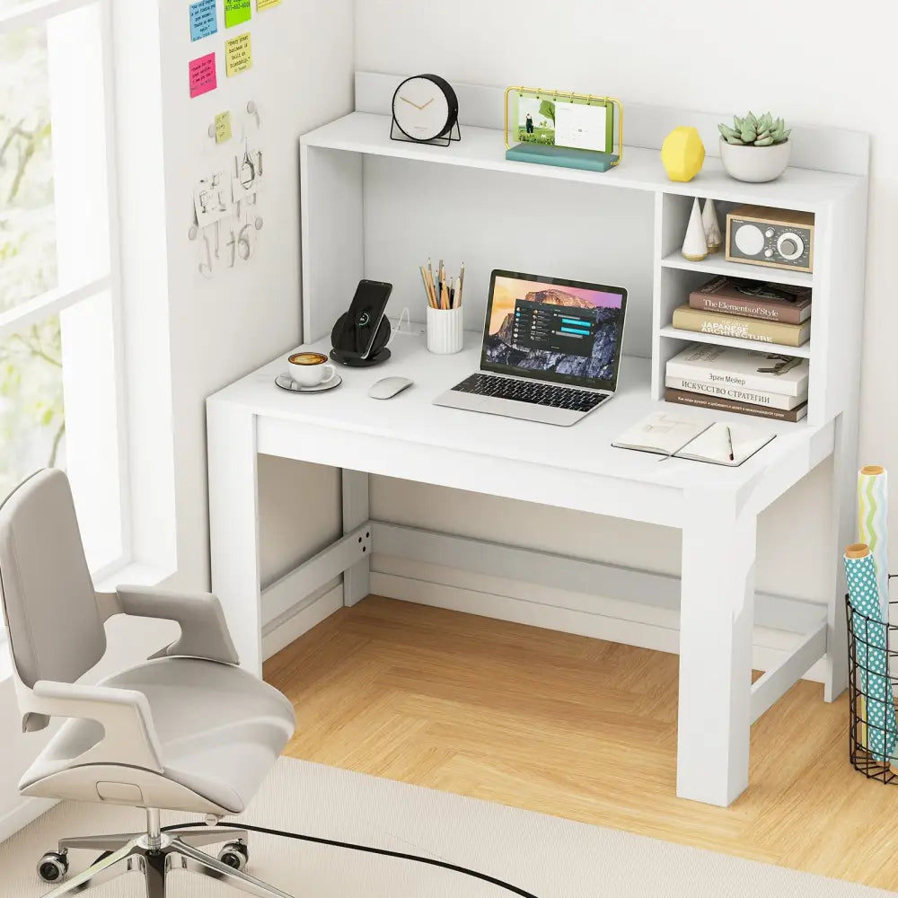 Modern Computer Desk with Hutch and Storage Shelves-White - White - Computer Desks