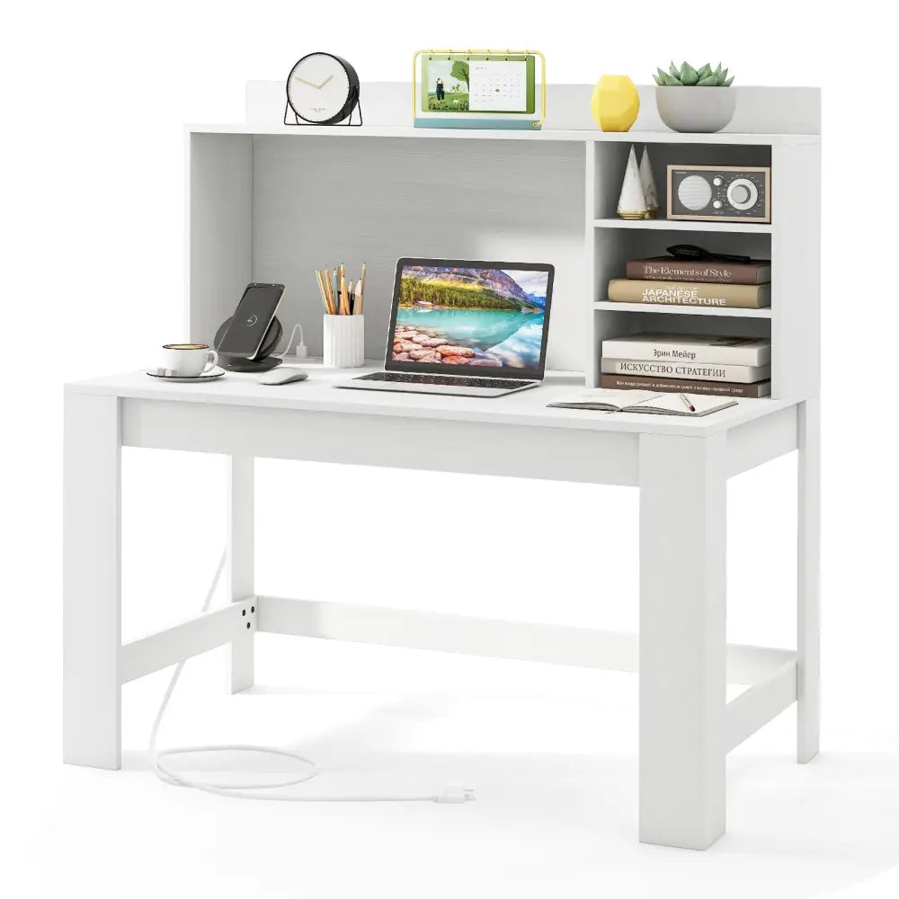 Modern Computer Desk with Hutch and Storage Shelves-White - White - Computer Desks