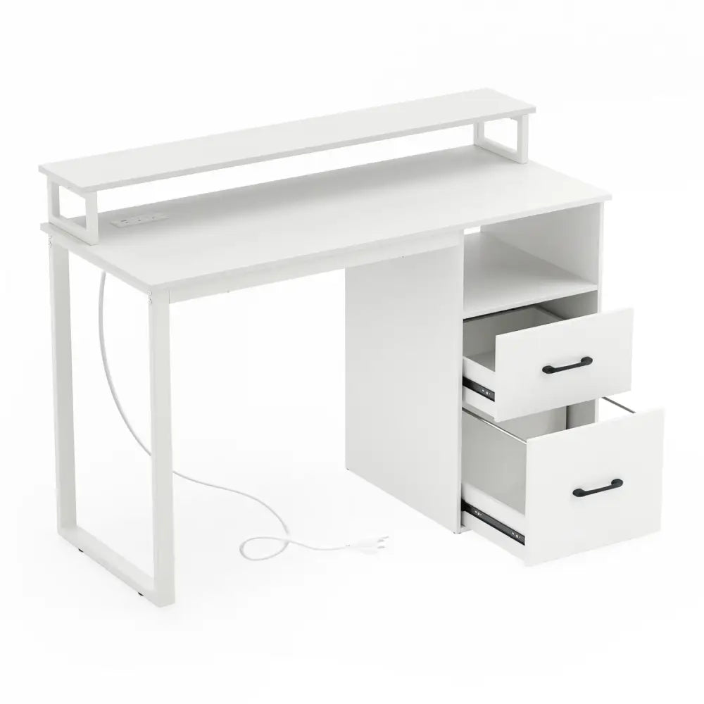 Modern Computer Desk with Power Outlets and File Drawer-White - White - Computer Desks