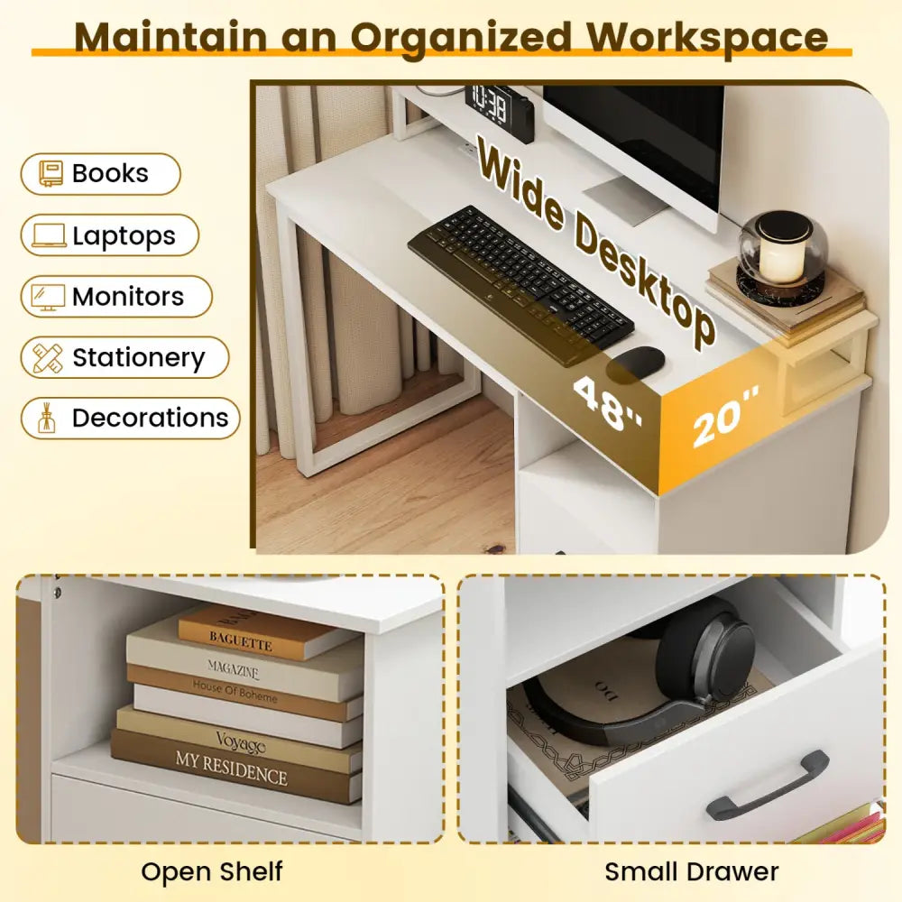 Modern Computer Desk with Power Outlets and File Drawer-White - White - Computer Desks