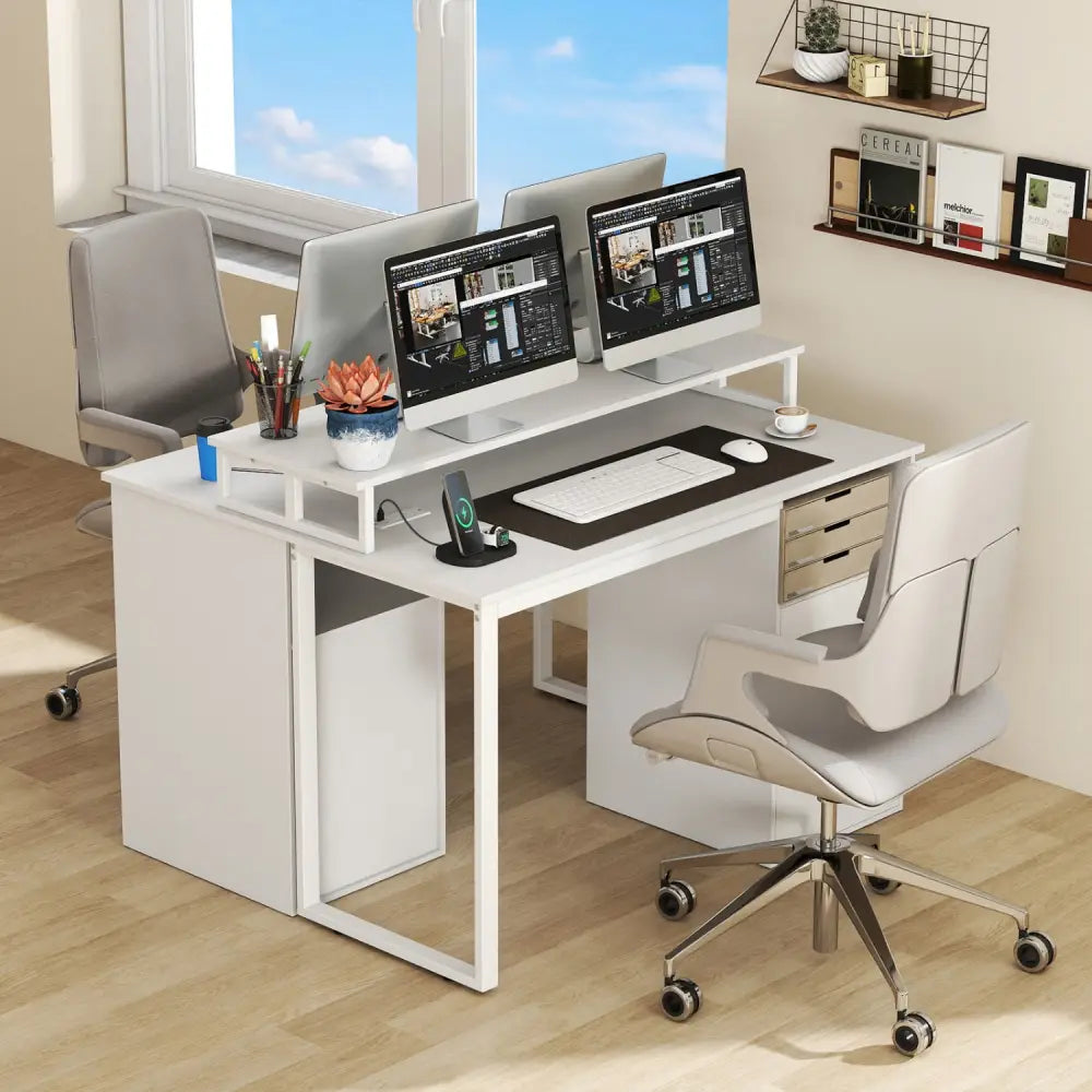 Modern Computer Desk with Power Outlets and File Drawer-White - White - Computer Desks