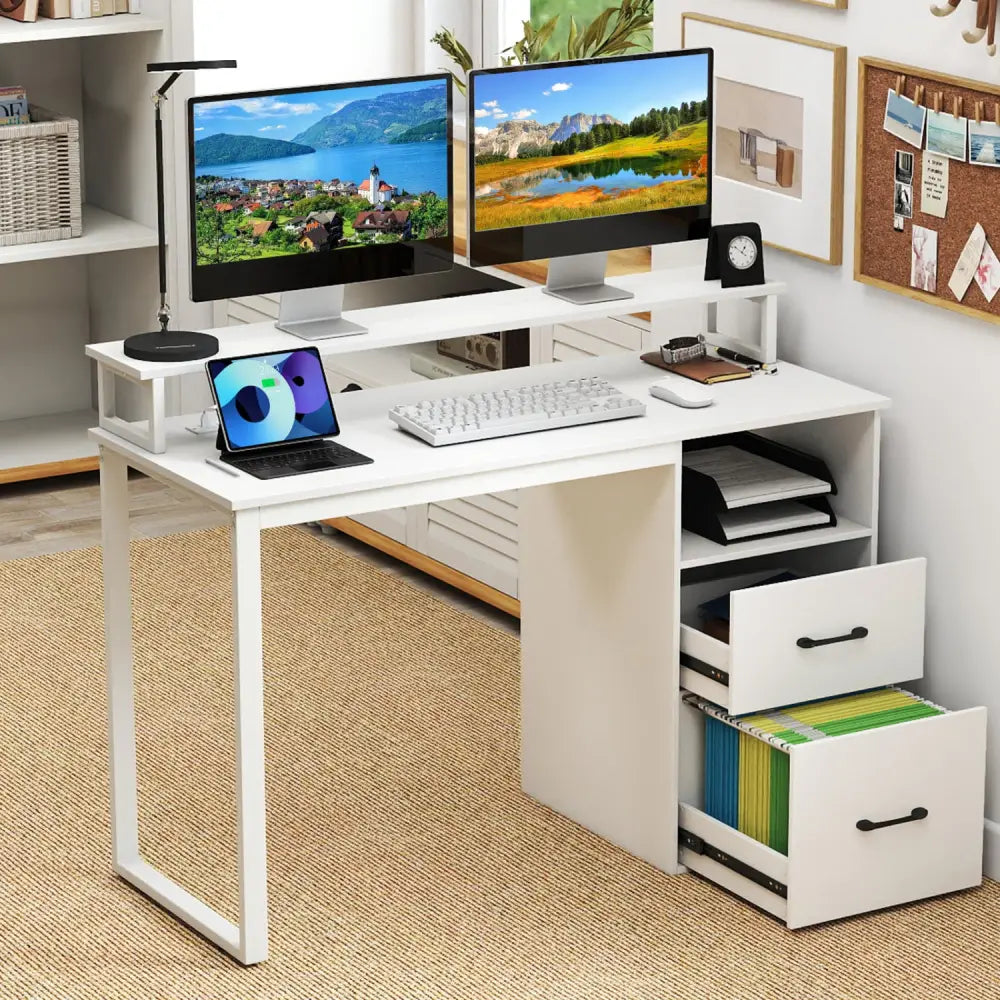 Modern Computer Desk with Power Outlets and File Drawer-White - White - Computer Desks