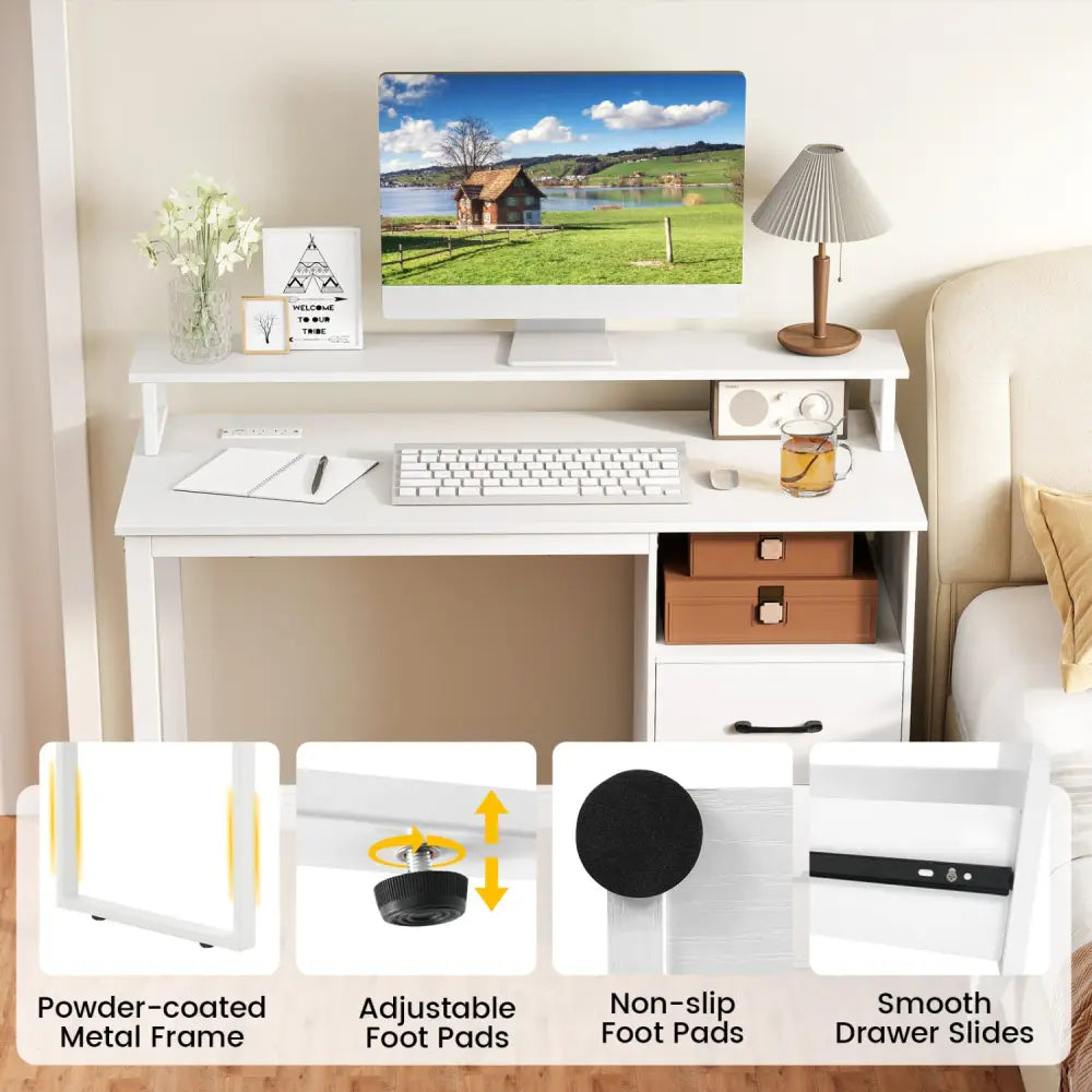 Modern Computer Desk with Power Outlets and File Drawer-White - White - Computer Desks