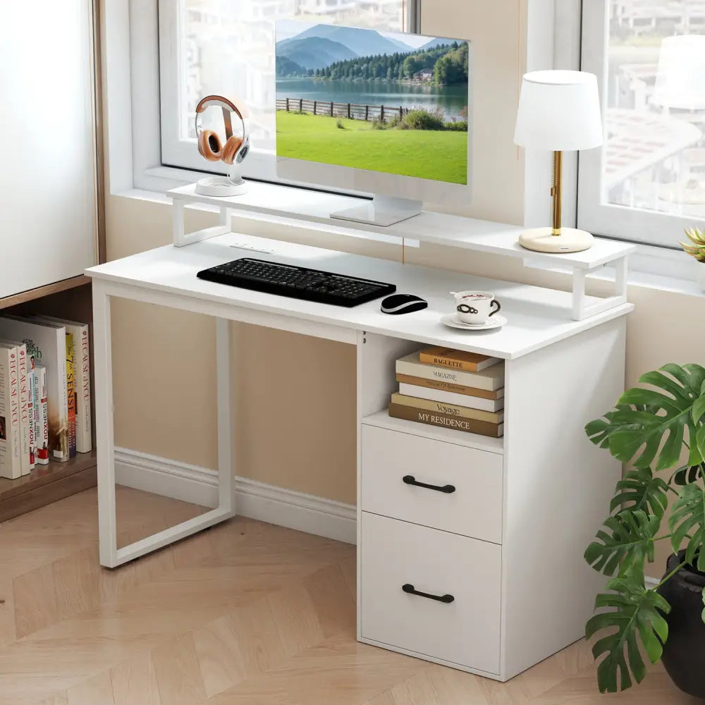 Modern Computer Desk with Power Outlets and File Drawer-White - White - Computer Desks