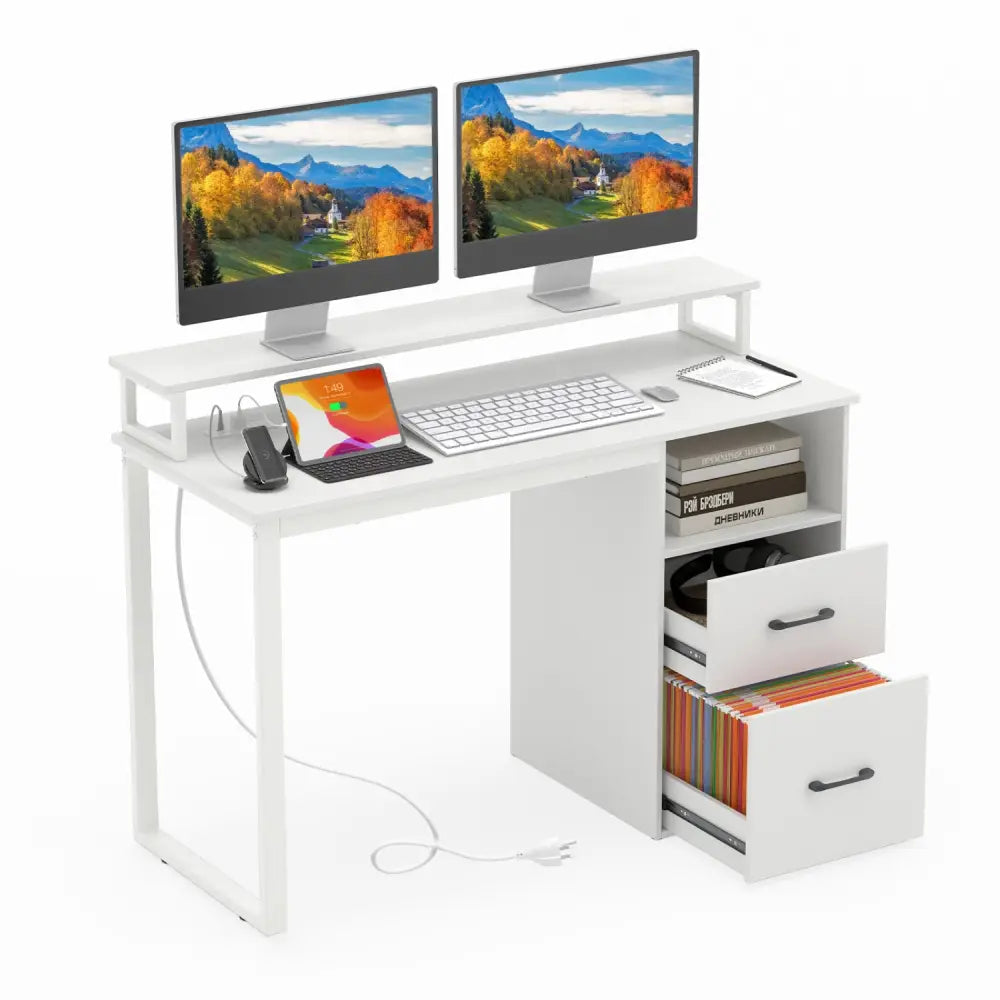 Modern Computer Desk with Power Outlets and File Drawer-White - White - Computer Desks