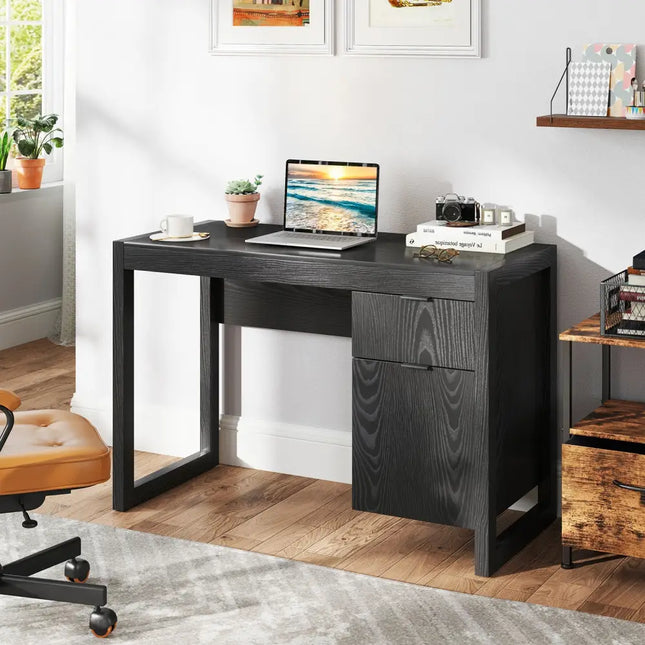 Modern Computer Desk Writing Workstation with Cabinet and Drawer-Black - Black - Writing Desks
