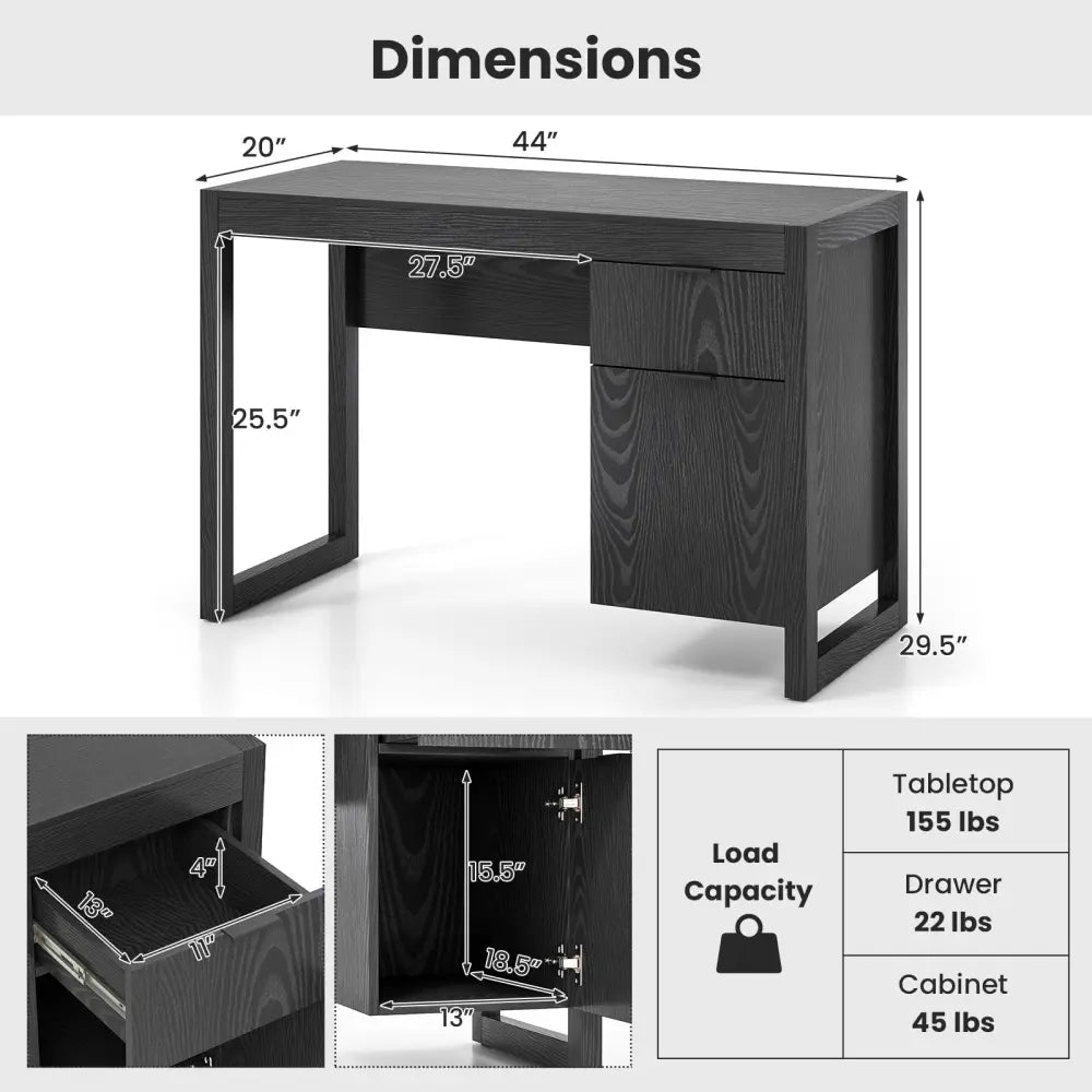 Modern Computer Desk Writing Workstation with Cabinet and Drawer-Black - Black - Writing Desks