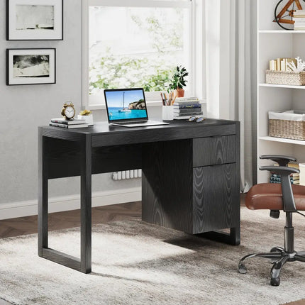 Modern Computer Desk Writing Workstation with Cabinet and Drawer-Black - Black - Writing Desks