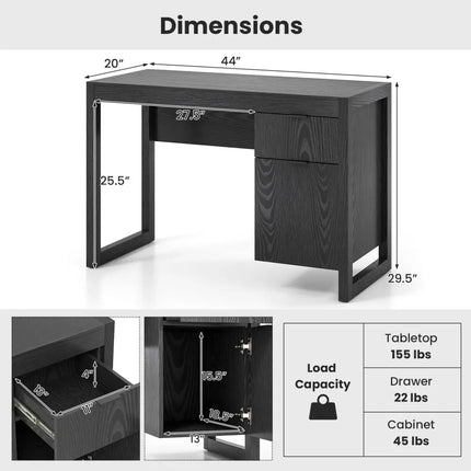 Modern Computer Desk Writing Workstation with Cabinet and Drawer-Black - Black - Writing Desks
