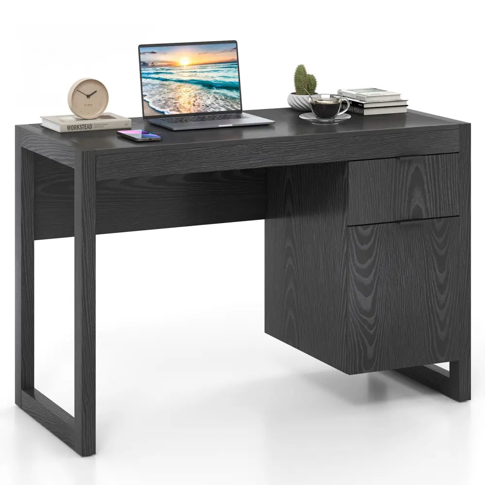 Modern Computer Desk Writing Workstation with Cabinet and Drawer-Black - Black - Writing Desks